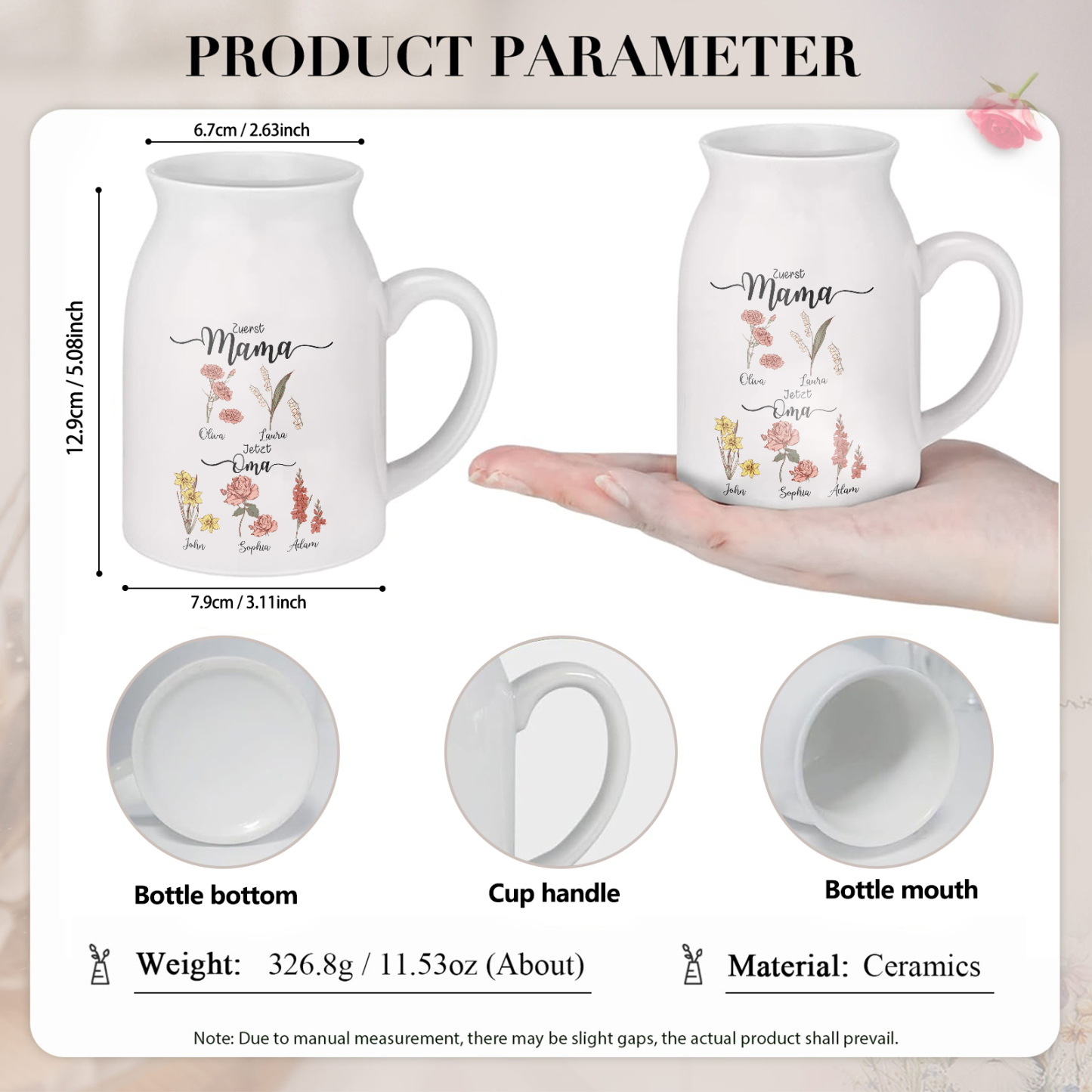 Personalisierte 5 Namen-Zuerst MAMA, Jetzt Oma Geburtsblumen Gießvase mit Henkel Mama Vase-Pefektes Geschenk für Mama /Oma