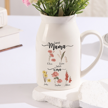 Personalisierte 5 Namen-Zuerst MAMA, Jetzt Oma Geburtsblumen Gießvase mit Henkel Mama Vase-Pefektes Geschenk für Mama /Oma
