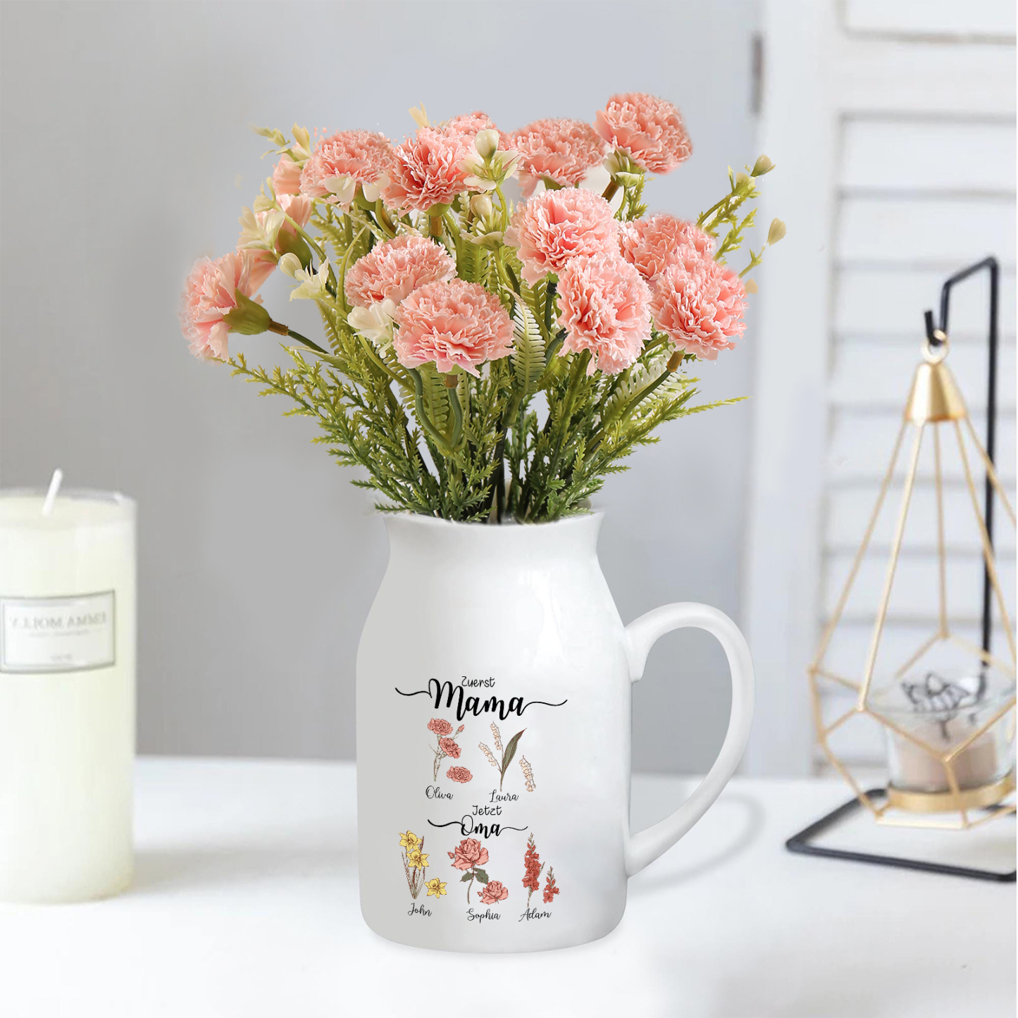 Personalisierte 5 Namen-Zuerst MAMA, Jetzt Oma Geburtsblumen Gießvase mit Henkel Mama Vase-Pefektes Geschenk für Mama /Oma