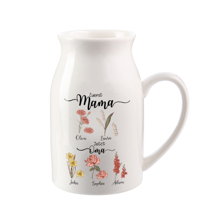 Personalisierte 5 Namen-Zuerst MAMA, Jetzt Oma Geburtsblumen Gießvase mit Henkel Mama Vase-Pefektes Geschenk für Mama /Oma