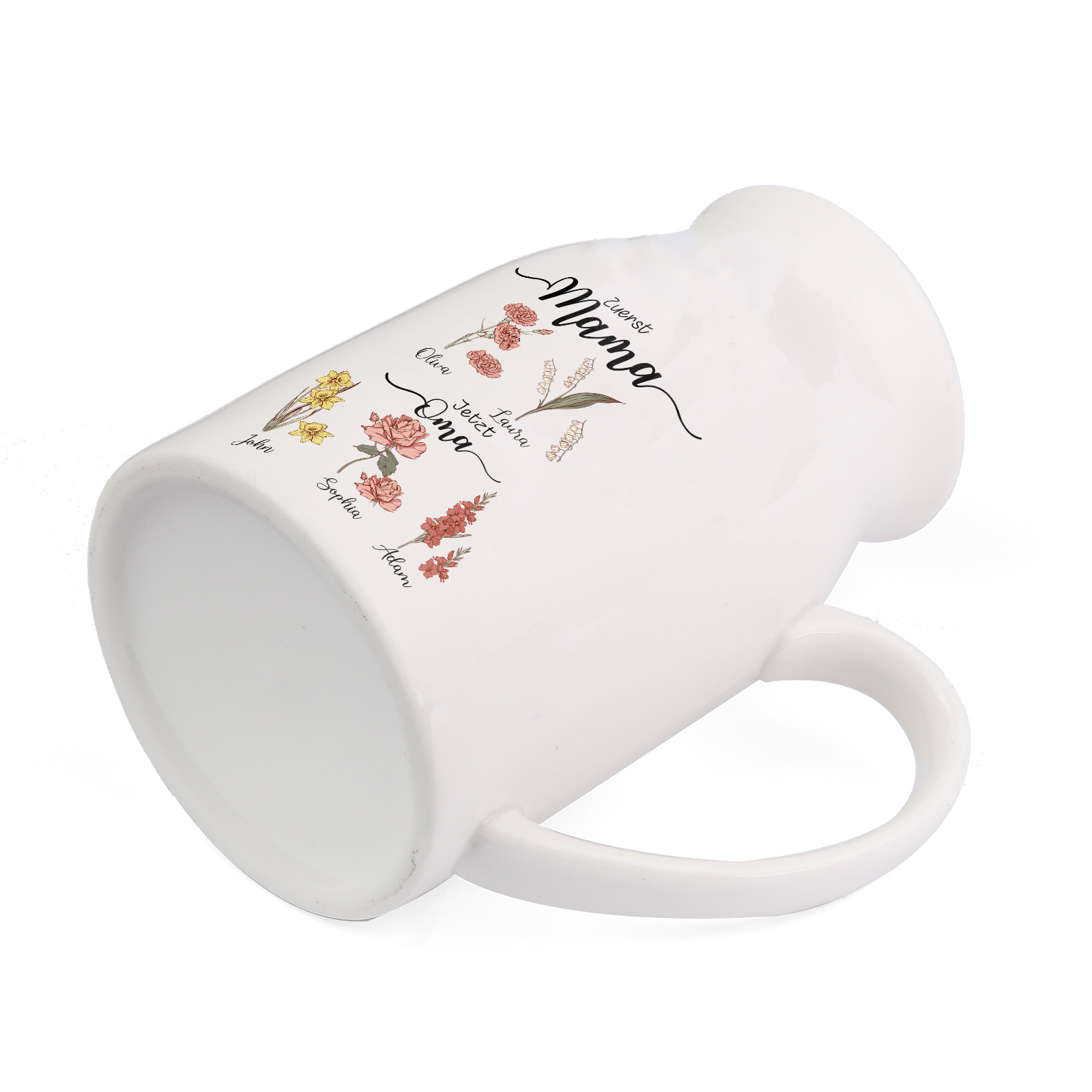 Personalisierte 5 Namen-Zuerst MAMA, Jetzt Oma Geburtsblumen Gießvase mit Henkel Mama Vase-Pefektes Geschenk für Mama /Oma