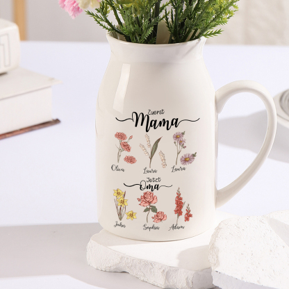 Personalisierte 6 Namen-Zuerst MAMA, Jetzt Oma Geburtsblumen Gießvase mit Henkel Mama Vase-Pefektes Geschenk für Mama /Oma