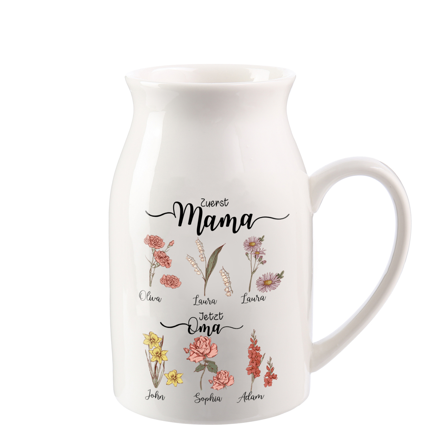 Personalisierte 6 Namen-Zuerst MAMA, Jetzt Oma Geburtsblumen Gießvase mit Henkel Mama Vase-Pefektes Geschenk für Mama /Oma