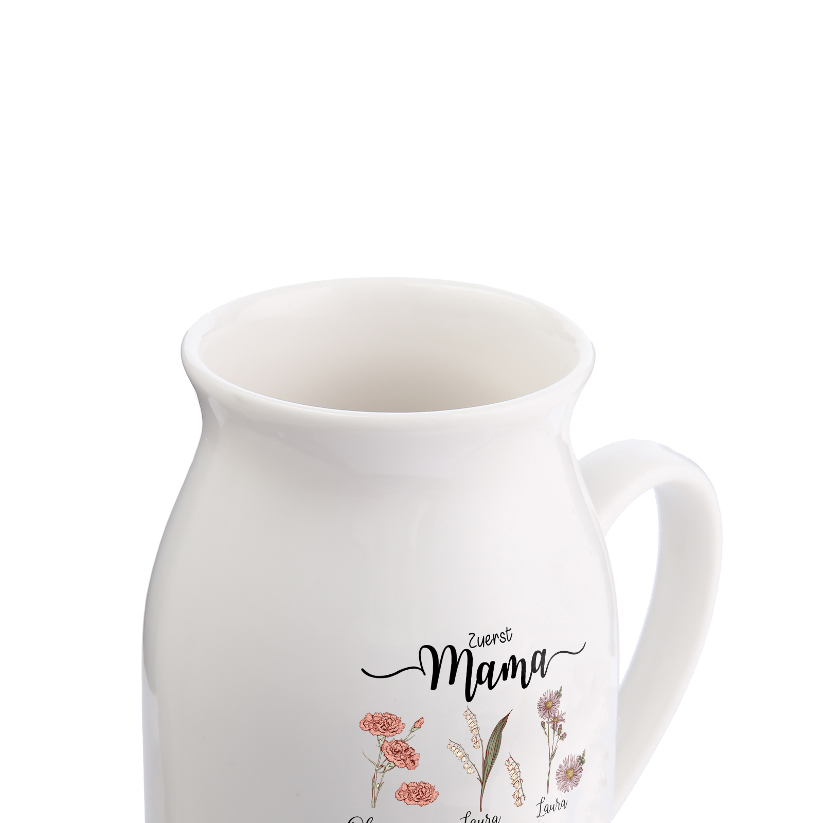 Personalisierte 6 Namen-Zuerst MAMA, Jetzt Oma Geburtsblumen Gießvase mit Henkel Mama Vase-Pefektes Geschenk für Mama /Oma