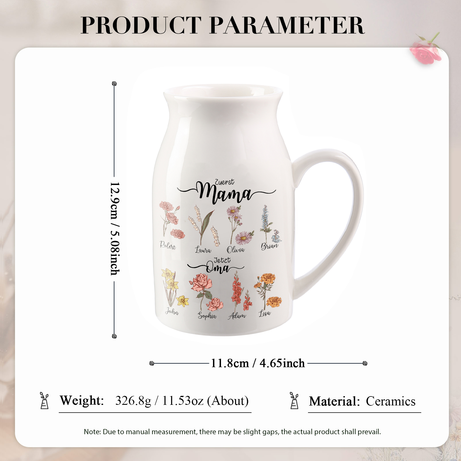 Personalisierte 8 Namen-Zuerst MAMA, Jetzt Oma Geburtsblumen Gießvase mit Henkel Mama Vase-Pefektes Geschenk für Mama /Oma