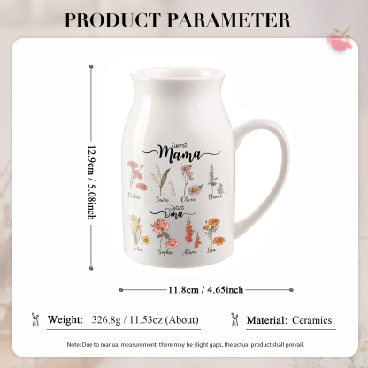 Personalisierte 8 Namen-Zuerst MAMA, Jetzt Oma Geburtsblumen Gießvase mit Henkel Mama Vase-Pefektes Geschenk für Mama /Oma