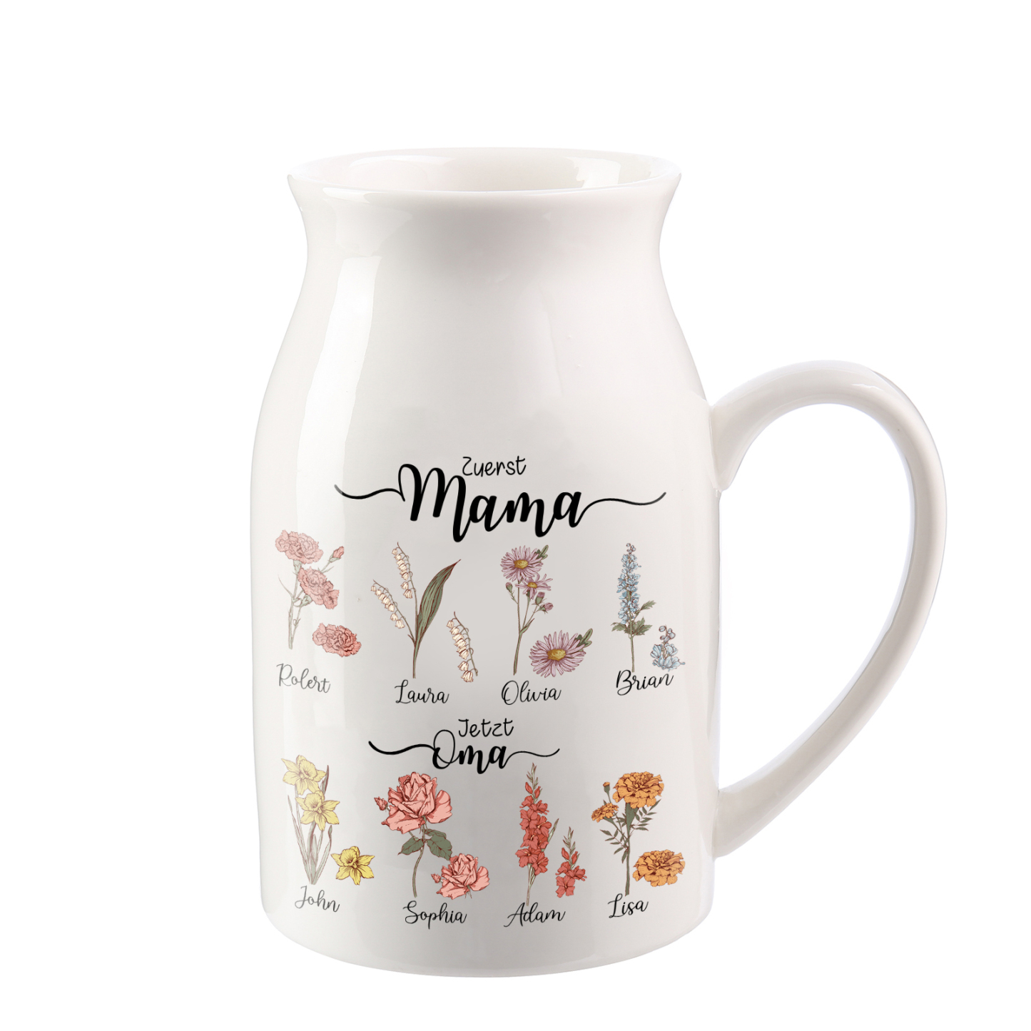 Personalisierte 8 Namen-Zuerst MAMA, Jetzt Oma Geburtsblumen Gießvase mit Henkel Mama Vase-Pefektes Geschenk für Mama /Oma