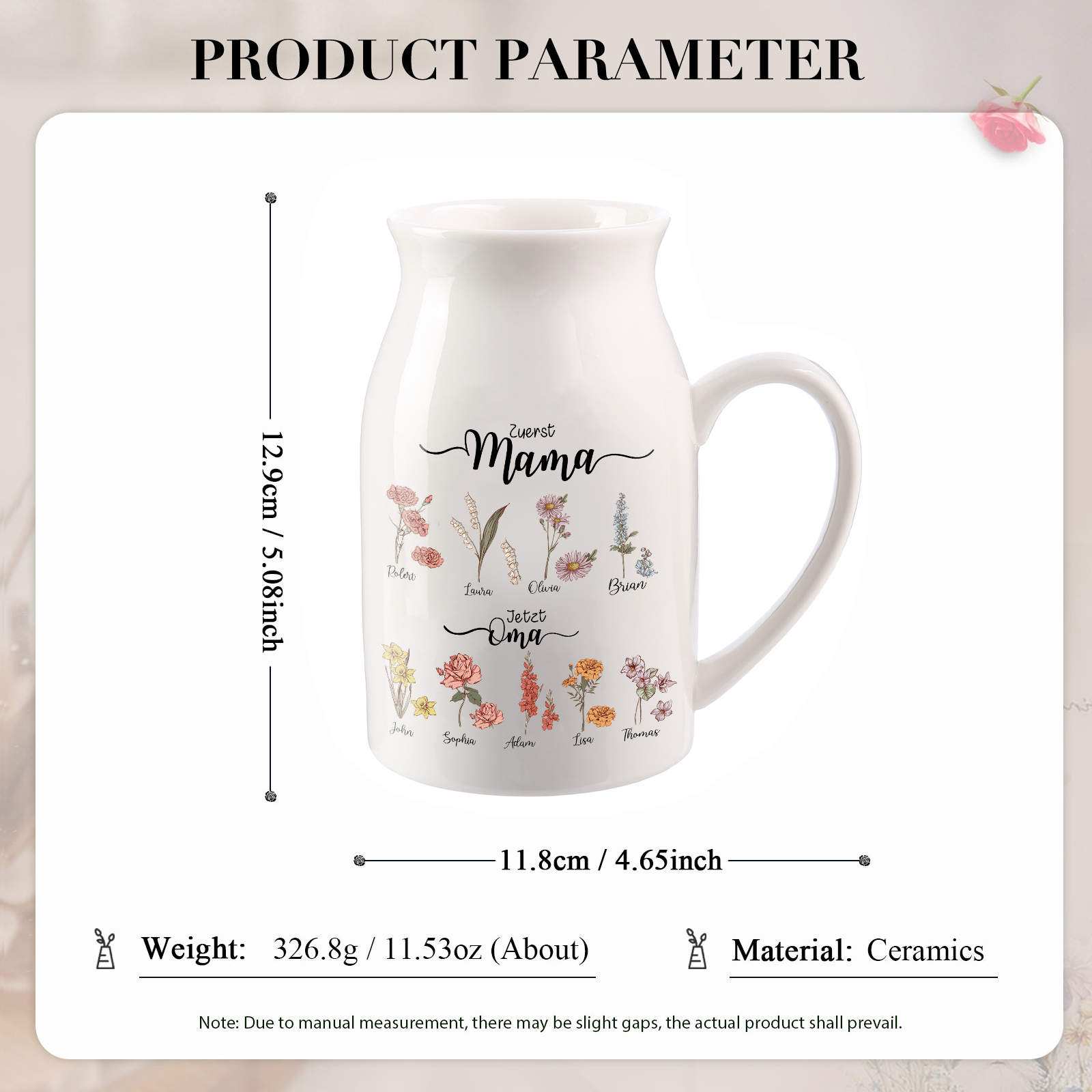 Personalisierte 9 Namen-Zuerst MAMA, Jetzt Oma Geburtsblumen Gießvase mit Henkel Mama Vase-Pefektes Geschenk für Mama /Oma