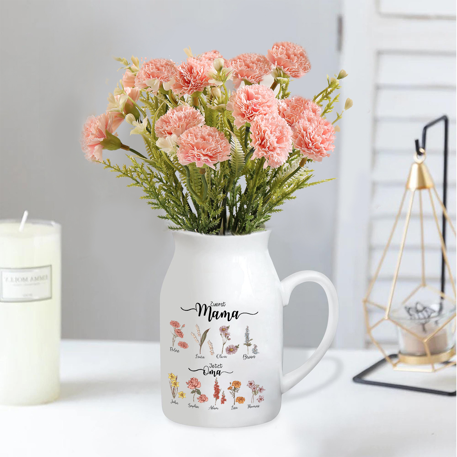 Personalisierte 9 Namen-Zuerst MAMA, Jetzt Oma Geburtsblumen Gießvase mit Henkel Mama Vase-Pefektes Geschenk für Mama /Oma