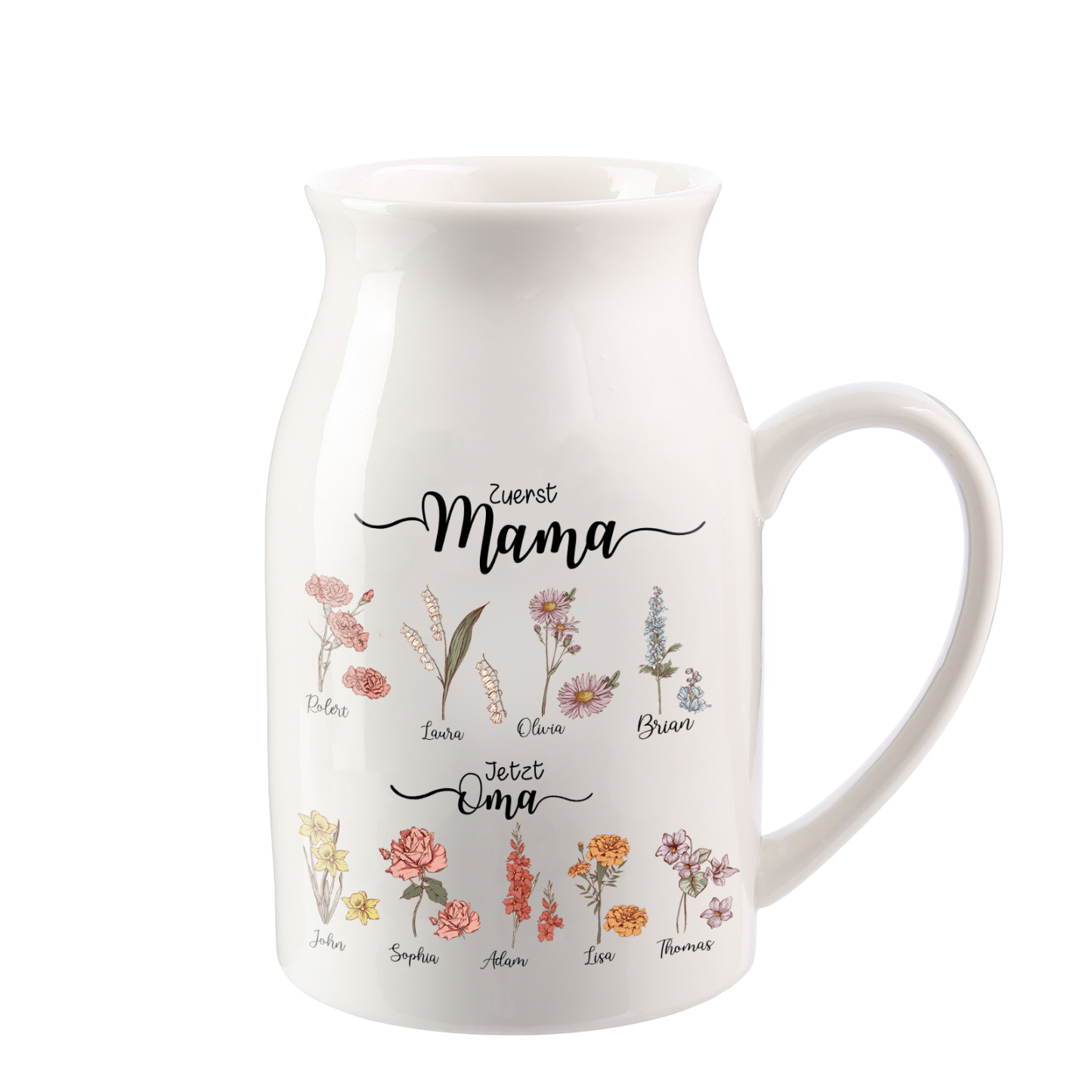 Personalisierte 9 Namen-Zuerst MAMA, Jetzt Oma Geburtsblumen Gießvase mit Henkel Mama Vase-Pefektes Geschenk für Mama /Oma