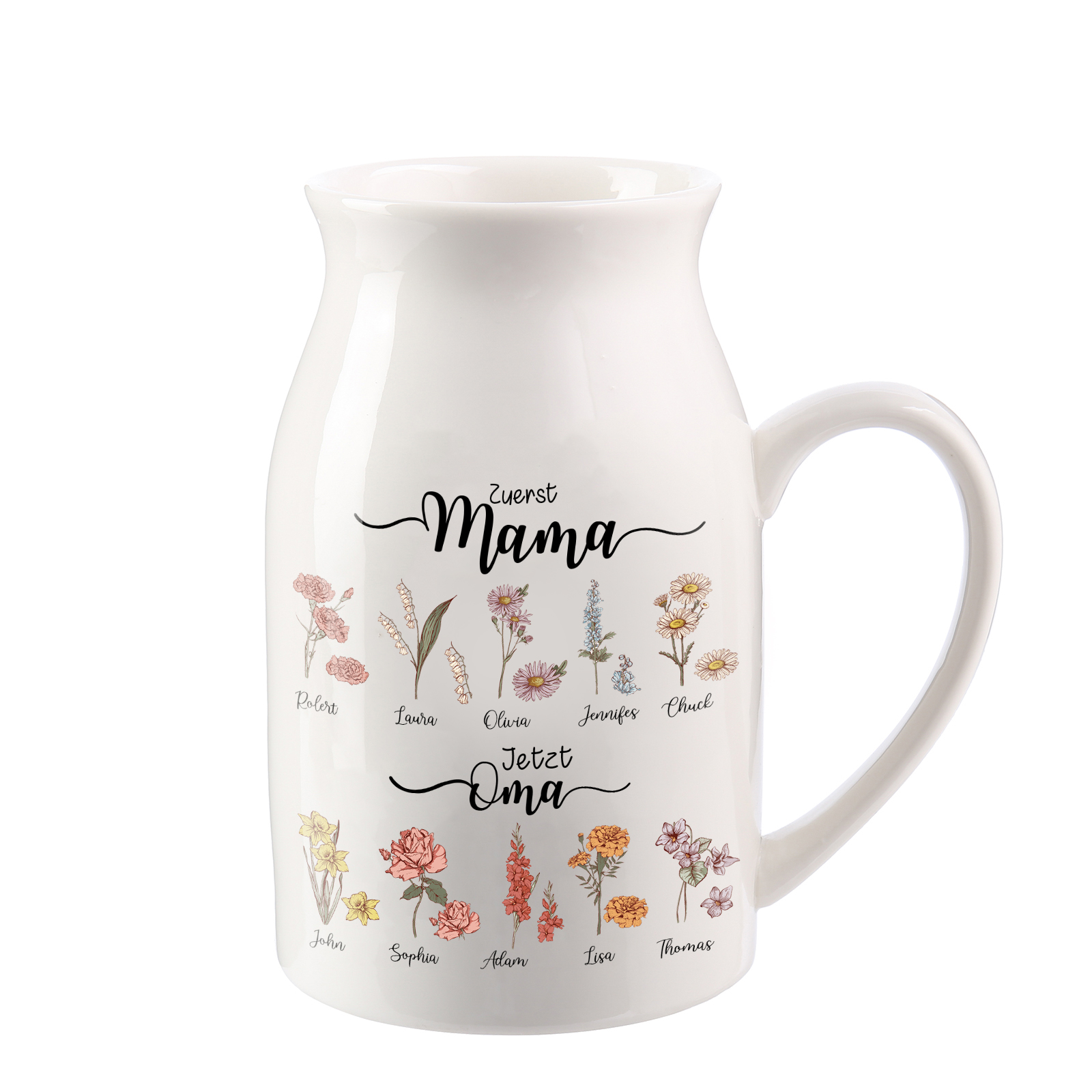 Personalisierte 10 Namen-Zuerst MAMA, Jetzt Oma Geburtsblumen Gießvase mit Henkel Mama Vase-Pefektes Geschenk für Mama /Oma