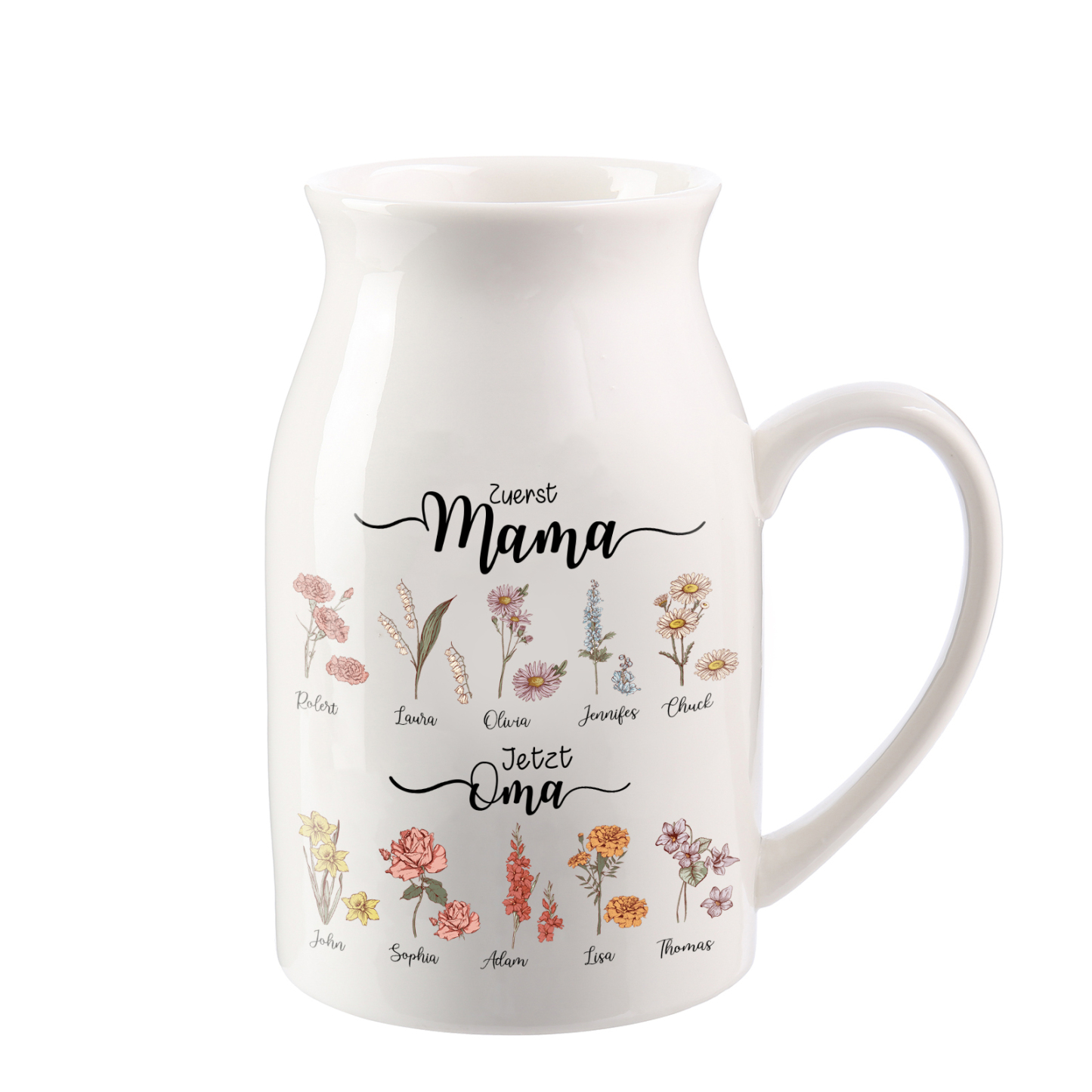 Personalisierte 10 Namen-Zuerst MAMA, Jetzt Oma Geburtsblumen Gießvase mit Henkel Mama Vase-Pefektes Geschenk für Mama /Oma