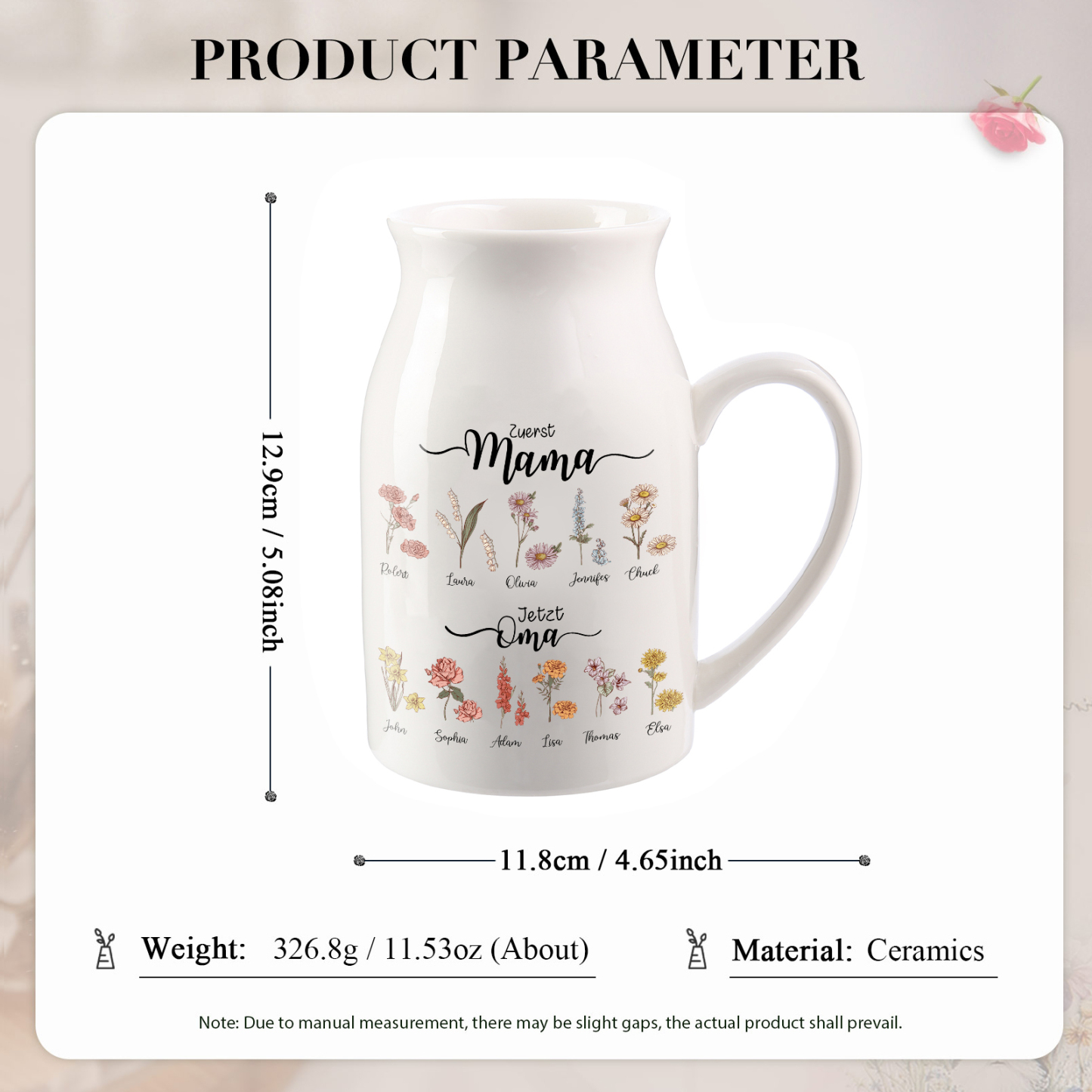 Personalisierte 11 Namen-Zuerst MAMA, Jetzt Oma Geburtsblumen Gießvase mit Henkel Mama Vase-Pefektes Geschenk für Mama /Oma