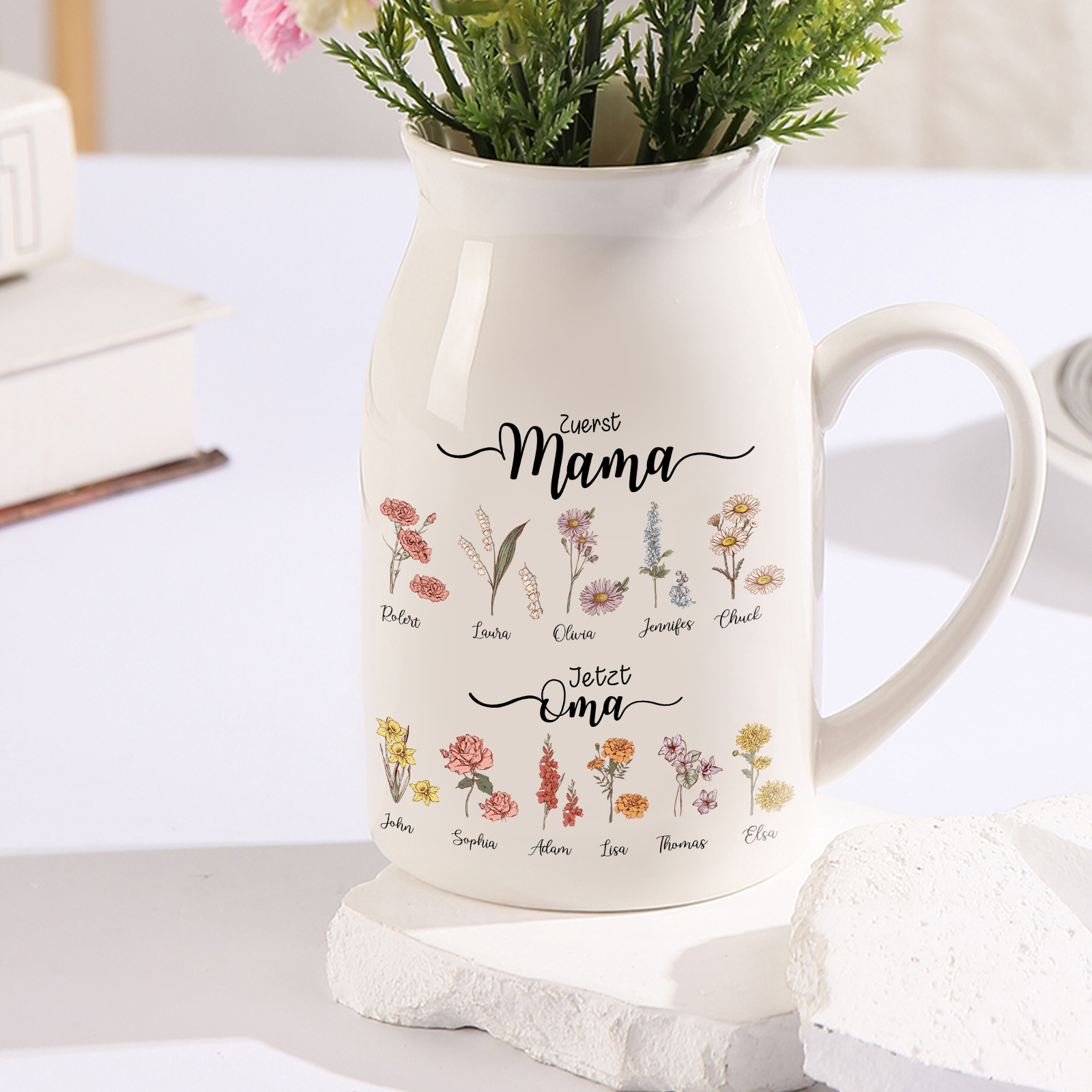 Personalisierte 11 Namen-Zuerst MAMA, Jetzt Oma Geburtsblumen Gießvase mit Henkel Mama Vase-Pefektes Geschenk für Mama /Oma