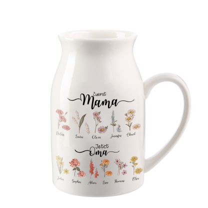 Personalisierte 11 Namen-Zuerst MAMA, Jetzt Oma Geburtsblumen Gießvase mit Henkel Mama Vase-Pefektes Geschenk für Mama /Oma