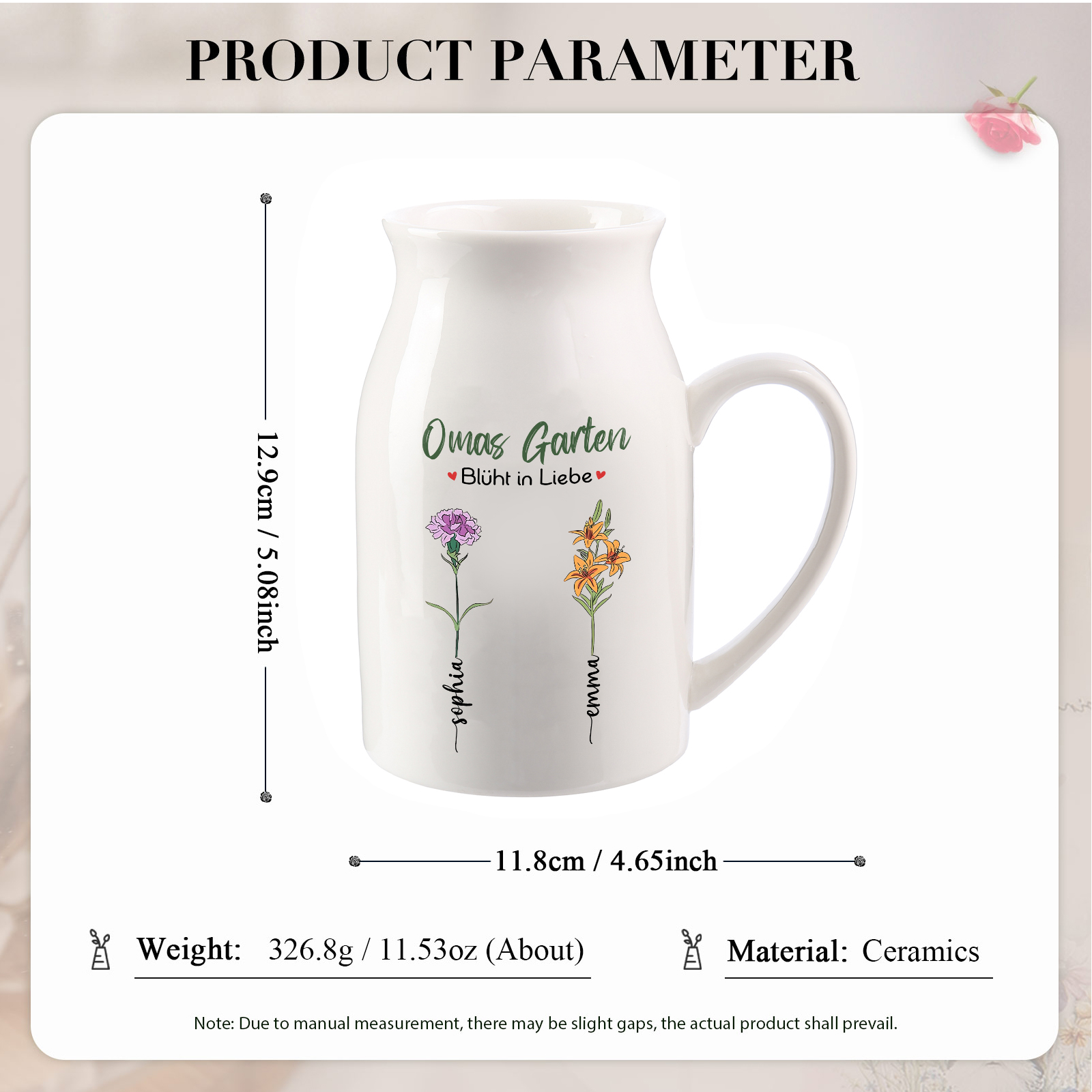 Personalisierte 2 Namen & Text & Geburtsblumen-Omas Garten blüht in Liebe- Gießvase mit Henkel Mama Vase-Pefektes Geschenk für Mama /Oma