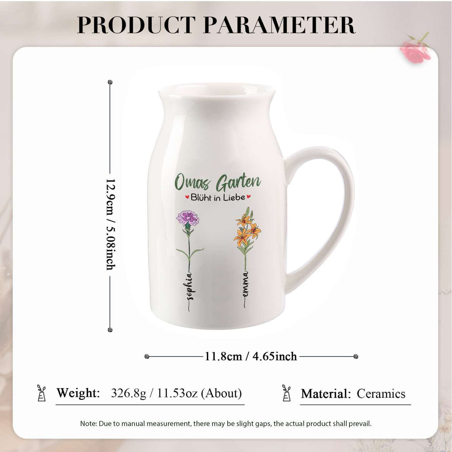 Personalisierte 2 Namen & Text & Geburtsblumen-Omas Garten blüht in Liebe- Gießvase mit Henkel Mama Vase-Pefektes Geschenk für Mama /Oma