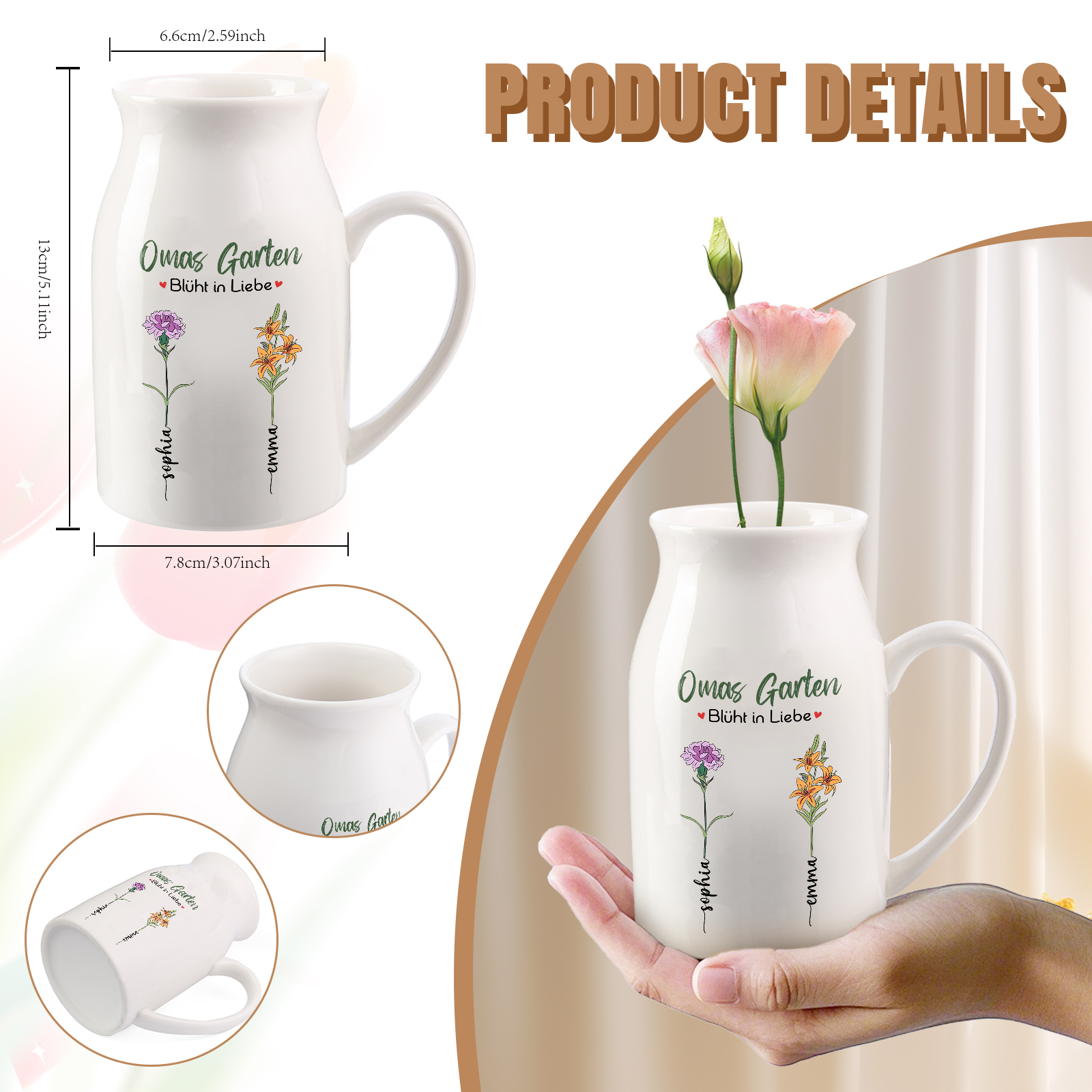 Personalisierte 2 Namen & Text & Geburtsblumen-Omas Garten blüht in Liebe- Gießvase mit Henkel Mama Vase-Pefektes Geschenk für Mama /Oma