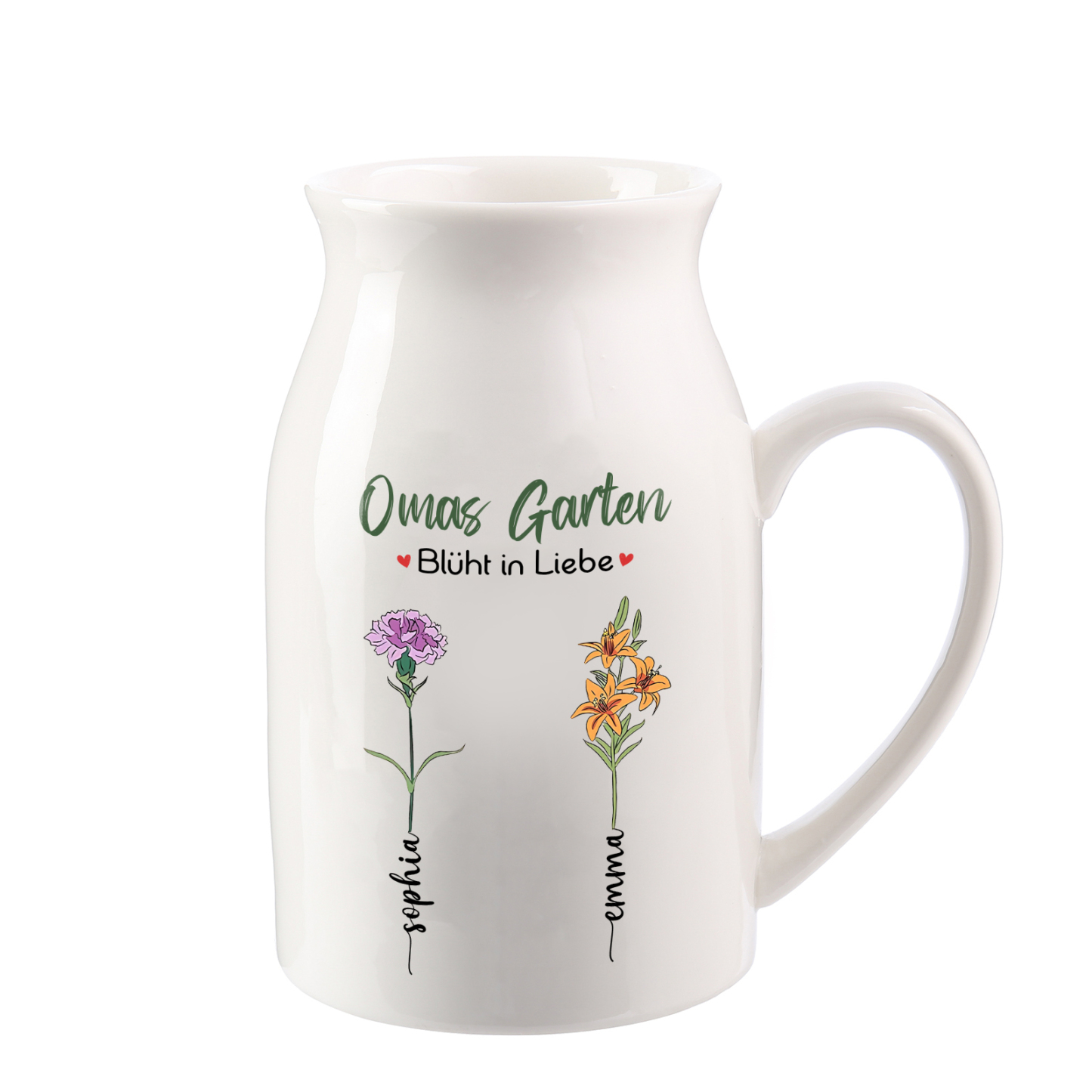 Personalisierte 2 Namen & Text & Geburtsblumen-Omas Garten blüht in Liebe- Gießvase mit Henkel Mama Vase-Pefektes Geschenk für Mama /Oma