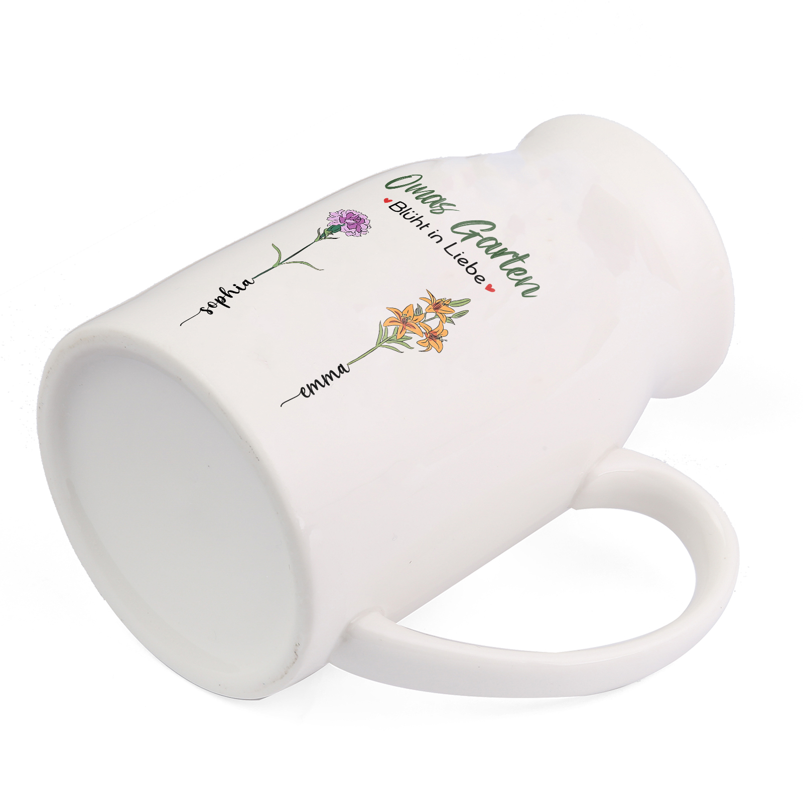 Personalisierte 2 Namen & Text & Geburtsblumen-Omas Garten blüht in Liebe- Gießvase mit Henkel Mama Vase-Pefektes Geschenk für Mama /Oma