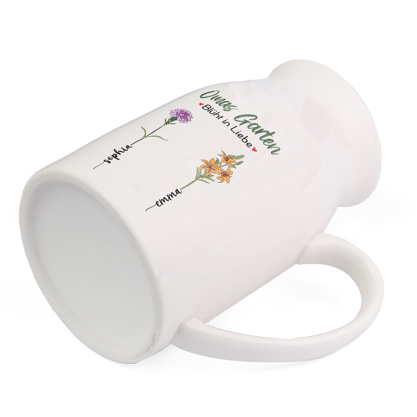 Personalisierte 2 Namen & Text & Geburtsblumen-Omas Garten blüht in Liebe- Gießvase mit Henkel Mama Vase-Pefektes Geschenk für Mama /Oma