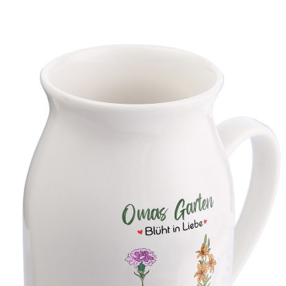 Personalisierte 2 Namen & Text & Geburtsblumen-Omas Garten blüht in Liebe- Gießvase mit Henkel Mama Vase-Pefektes Geschenk für Mama /Oma