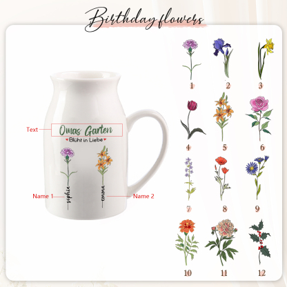 Personalisierte 2 Namen & Text & Geburtsblumen-Omas Garten blüht in Liebe- Gießvase mit Henkel Mama Vase-Pefektes Geschenk für Mama /Oma