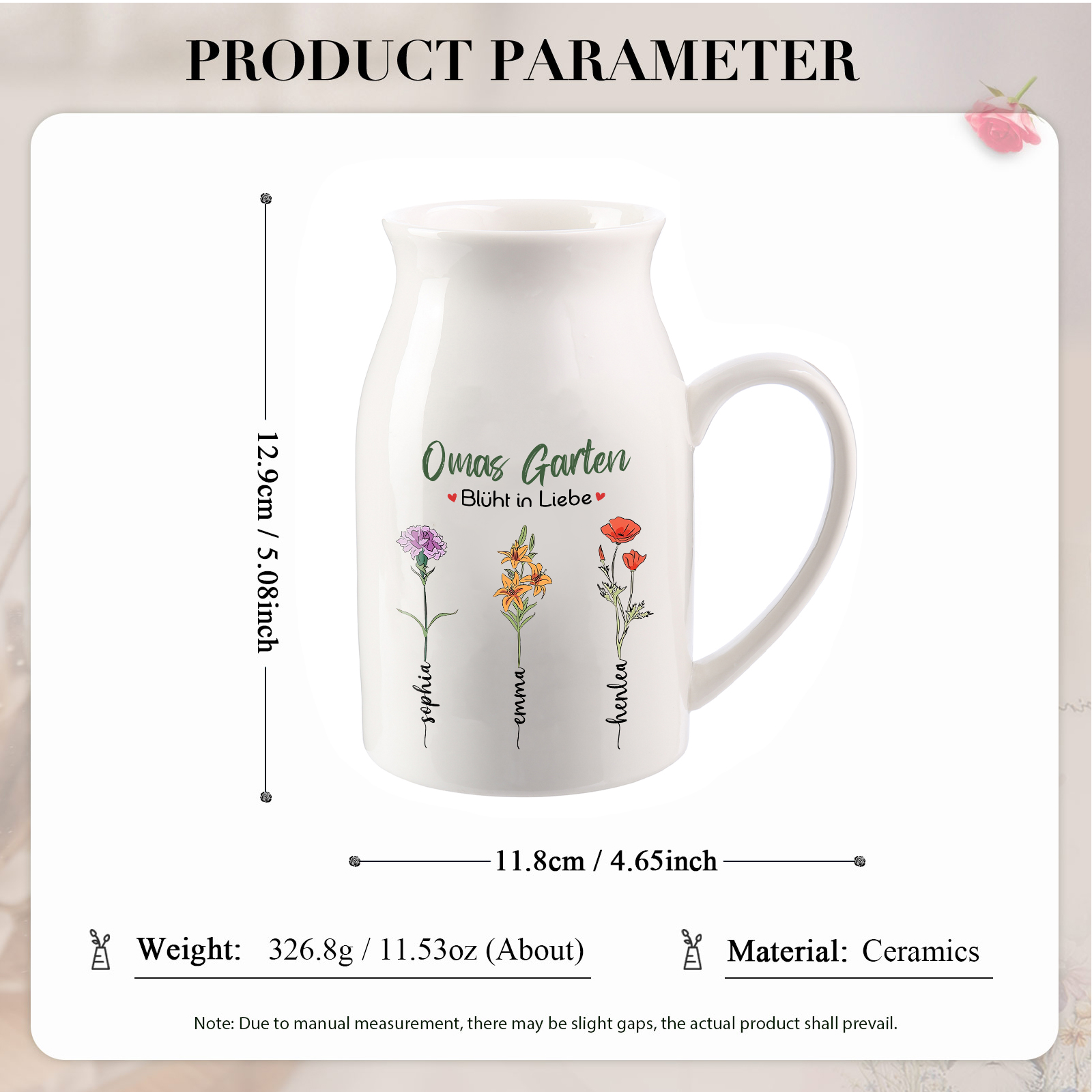 Personalisierte 3 Namen & Text & Geburtsblumen-Omas Garten blüht in Liebe- Gießvase mit Henkel Mama Vase-Pefektes Geschenk für Mama /Oma