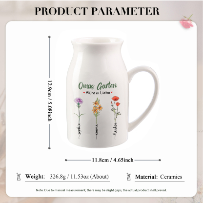 Personalisierte 3 Namen & Text & Geburtsblumen-Omas Garten blüht in Liebe- Gießvase mit Henkel Mama Vase-Pefektes Geschenk für Mama /Oma