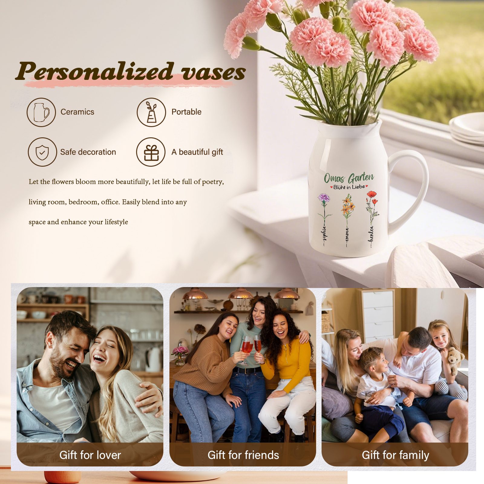 Personalisierte 3 Namen & Text & Geburtsblumen-Omas Garten blüht in Liebe- Gießvase mit Henkel Mama Vase-Pefektes Geschenk für Mama /Oma