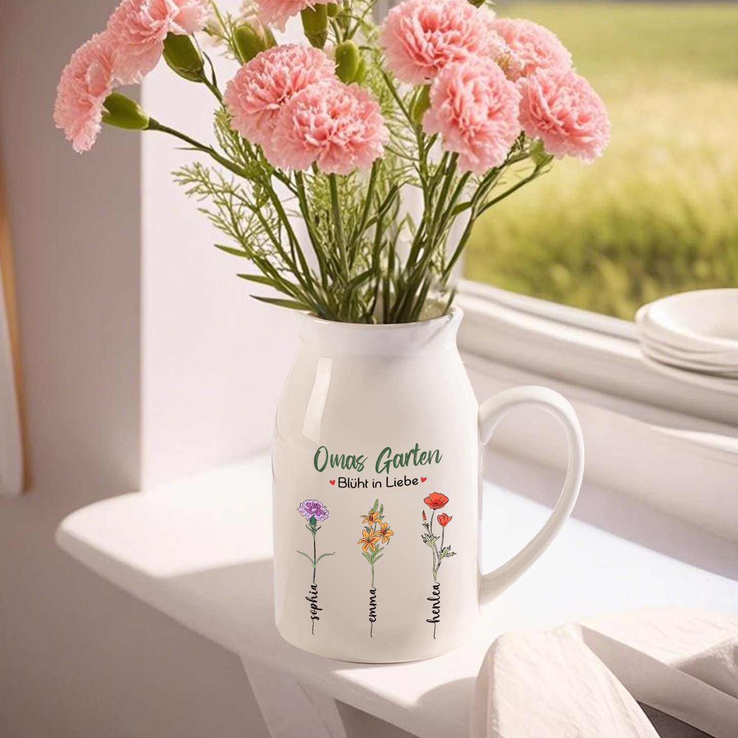 Personalisierte 3 Namen & Text & Geburtsblumen-Omas Garten blüht in Liebe- Gießvase mit Henkel Mama Vase-Pefektes Geschenk für Mama /Oma