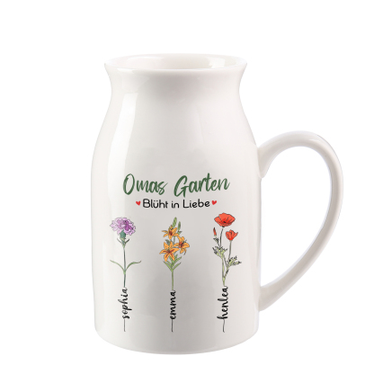 Personalisierte 3 Namen & Text & Geburtsblumen-Omas Garten blüht in Liebe- Gießvase mit Henkel Mama Vase-Pefektes Geschenk für Mama /Oma