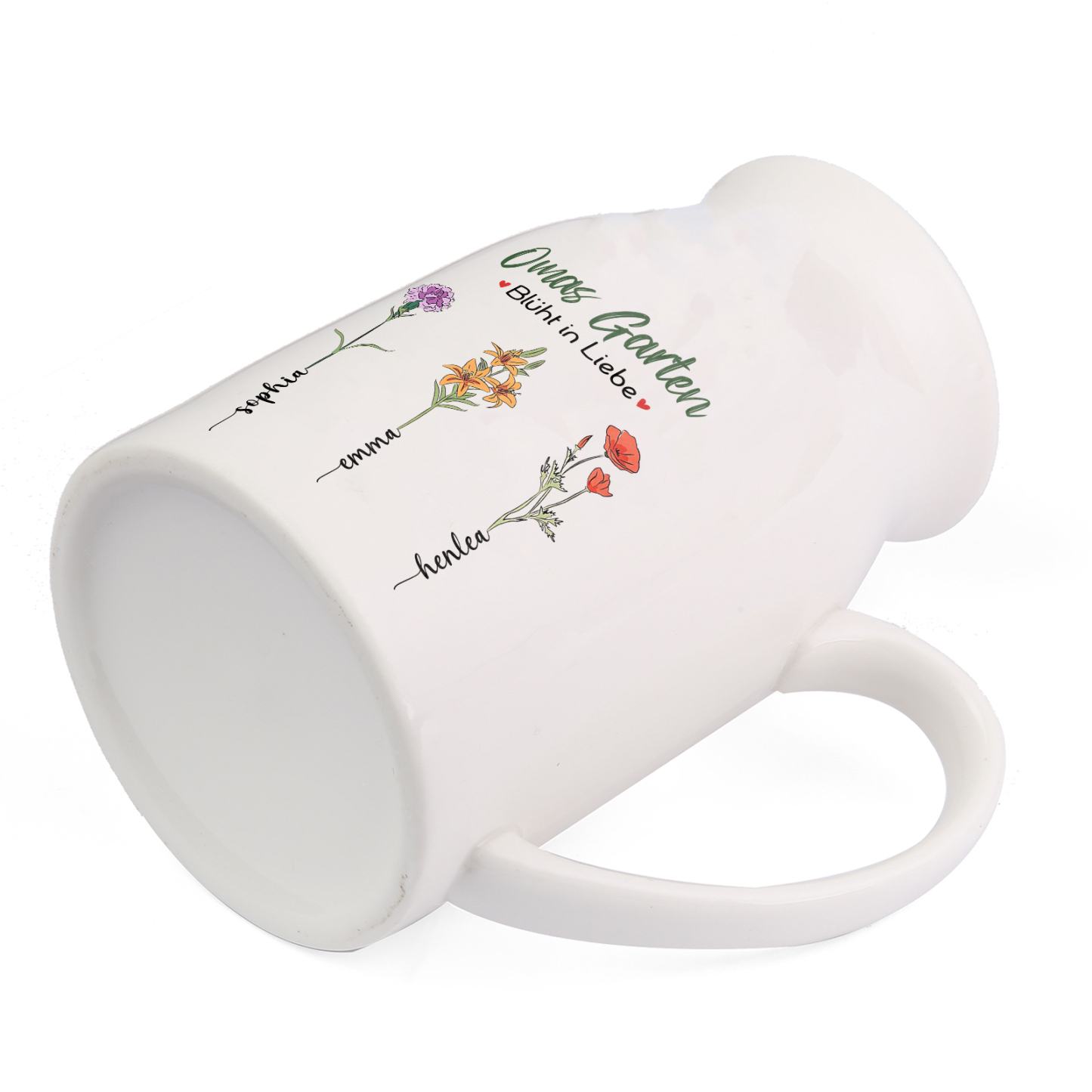 Personalisierte 3 Namen & Text & Geburtsblumen-Omas Garten blüht in Liebe- Gießvase mit Henkel Mama Vase-Pefektes Geschenk für Mama /Oma
