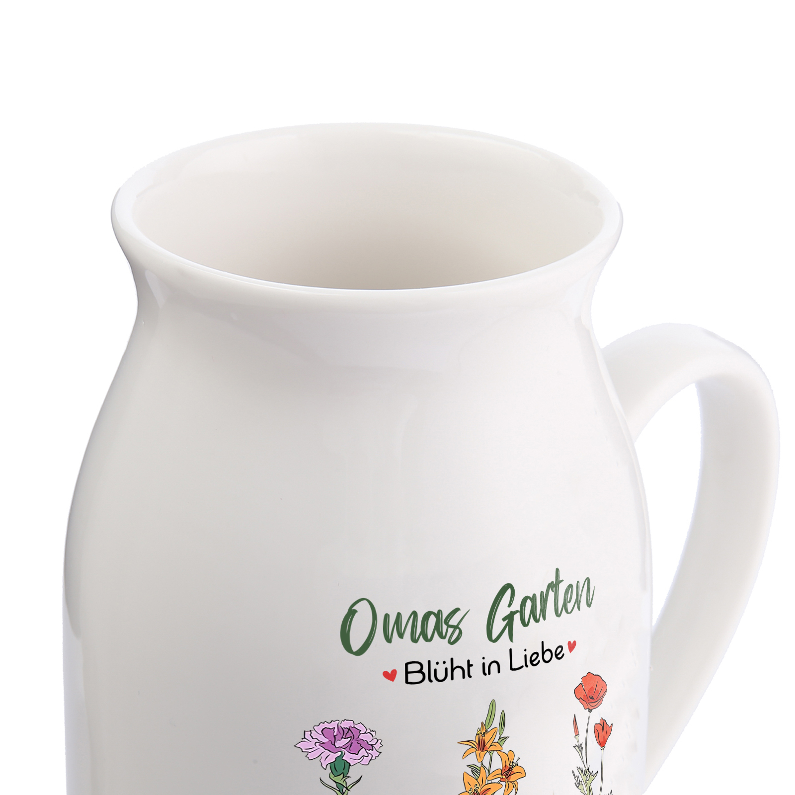 Personalisierte 3 Namen & Text & Geburtsblumen-Omas Garten blüht in Liebe- Gießvase mit Henkel Mama Vase-Pefektes Geschenk für Mama /Oma