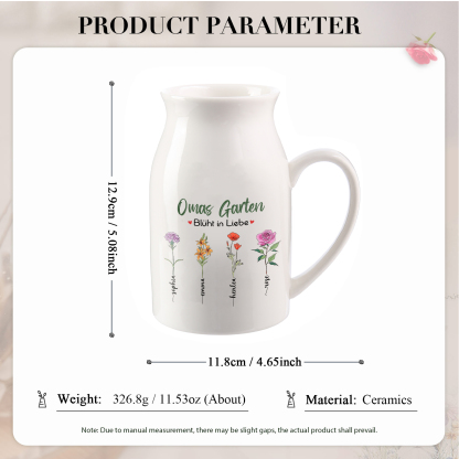 Personalisierte 4 Namen & Text & Geburtsblumen-Omas Garten blüht in Liebe- Gießvase mit Henkel Mama Vase-Pefektes Geschenk für Mama /Oma