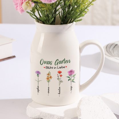 Personalisierte 4 Namen & Text & Geburtsblumen-Omas Garten blüht in Liebe- Gießvase mit Henkel Mama Vase-Pefektes Geschenk für Mama /Oma