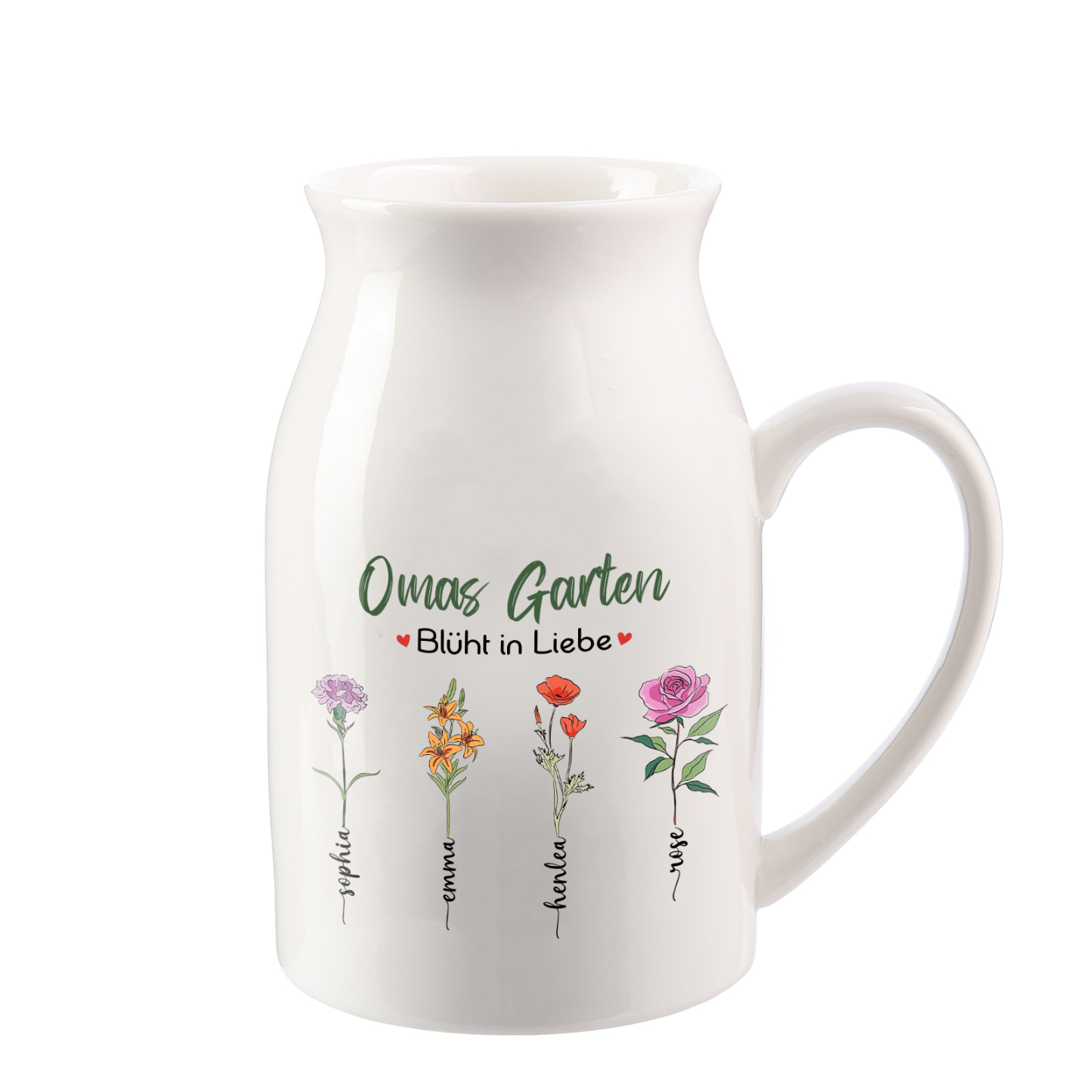 Personalisierte 4 Namen & Text & Geburtsblumen-Omas Garten blüht in Liebe- Gießvase mit Henkel Mama Vase-Pefektes Geschenk für Mama /Oma