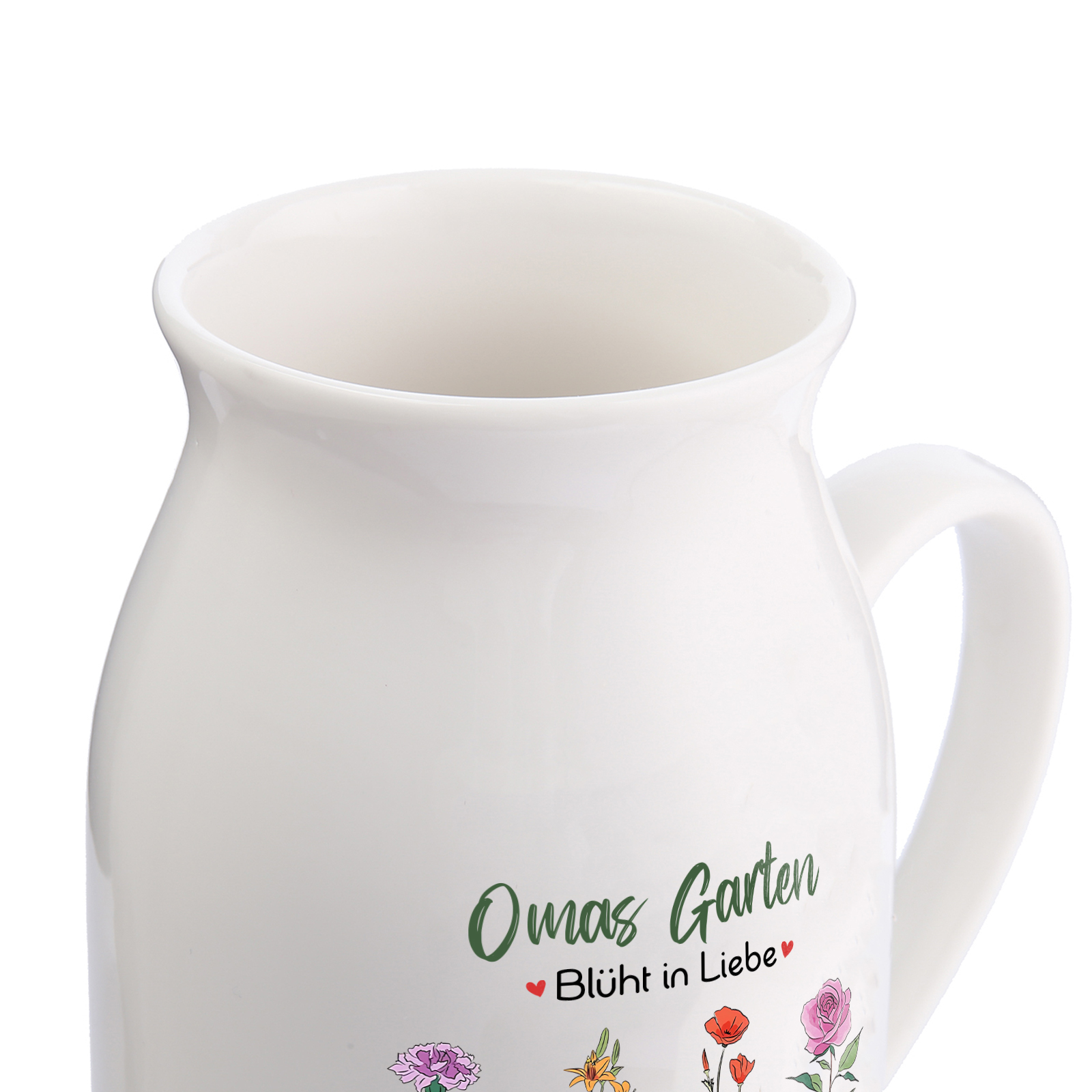 Personalisierte 4 Namen & Text & Geburtsblumen-Omas Garten blüht in Liebe- Gießvase mit Henkel Mama Vase-Pefektes Geschenk für Mama /Oma