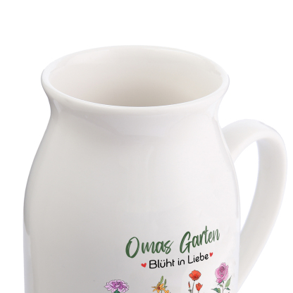 Personalisierte 4 Namen & Text & Geburtsblumen-Omas Garten blüht in Liebe- Gießvase mit Henkel Mama Vase-Pefektes Geschenk für Mama /Oma