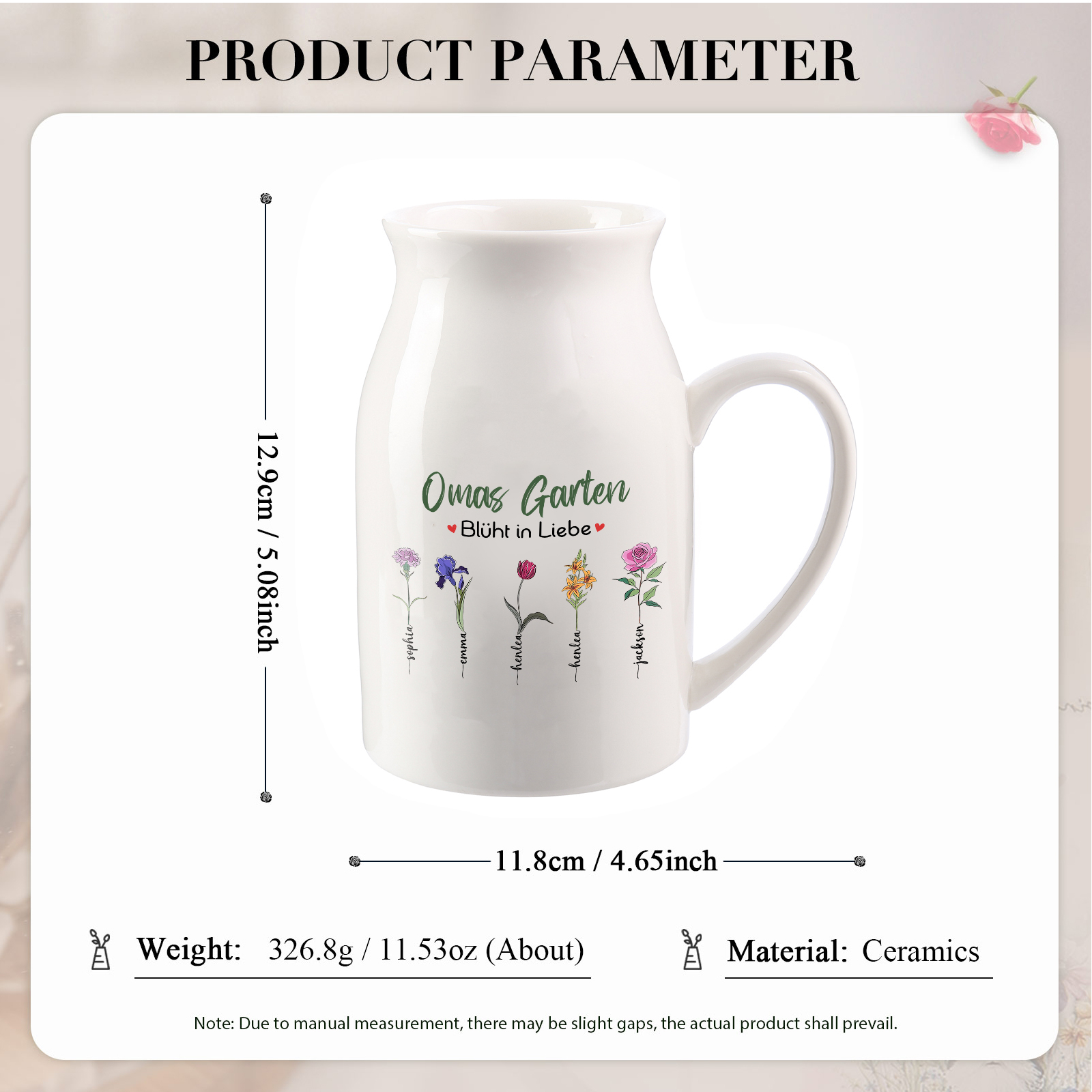 Personalisierte 5 Namen & Text & Geburtsblumen-Omas Garten blüht in Liebe- Gießvase mit Henkel Mama Vase-Pefektes Geschenk für Mama /Oma