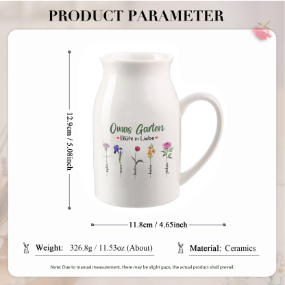 Personalisierte 5 Namen & Text & Geburtsblumen-Omas Garten blüht in Liebe- Gießvase mit Henkel Mama Vase-Pefektes Geschenk für Mama /Oma