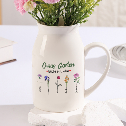 Personalisierte 5 Namen & Text & Geburtsblumen-Omas Garten blüht in Liebe- Gießvase mit Henkel Mama Vase-Pefektes Geschenk für Mama /Oma