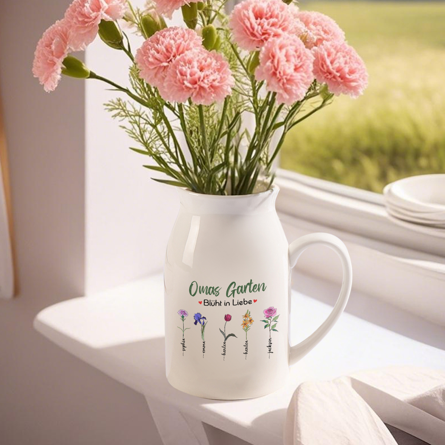 Personalisierte 5 Namen & Text & Geburtsblumen-Omas Garten blüht in Liebe- Gießvase mit Henkel Mama Vase-Pefektes Geschenk für Mama /Oma