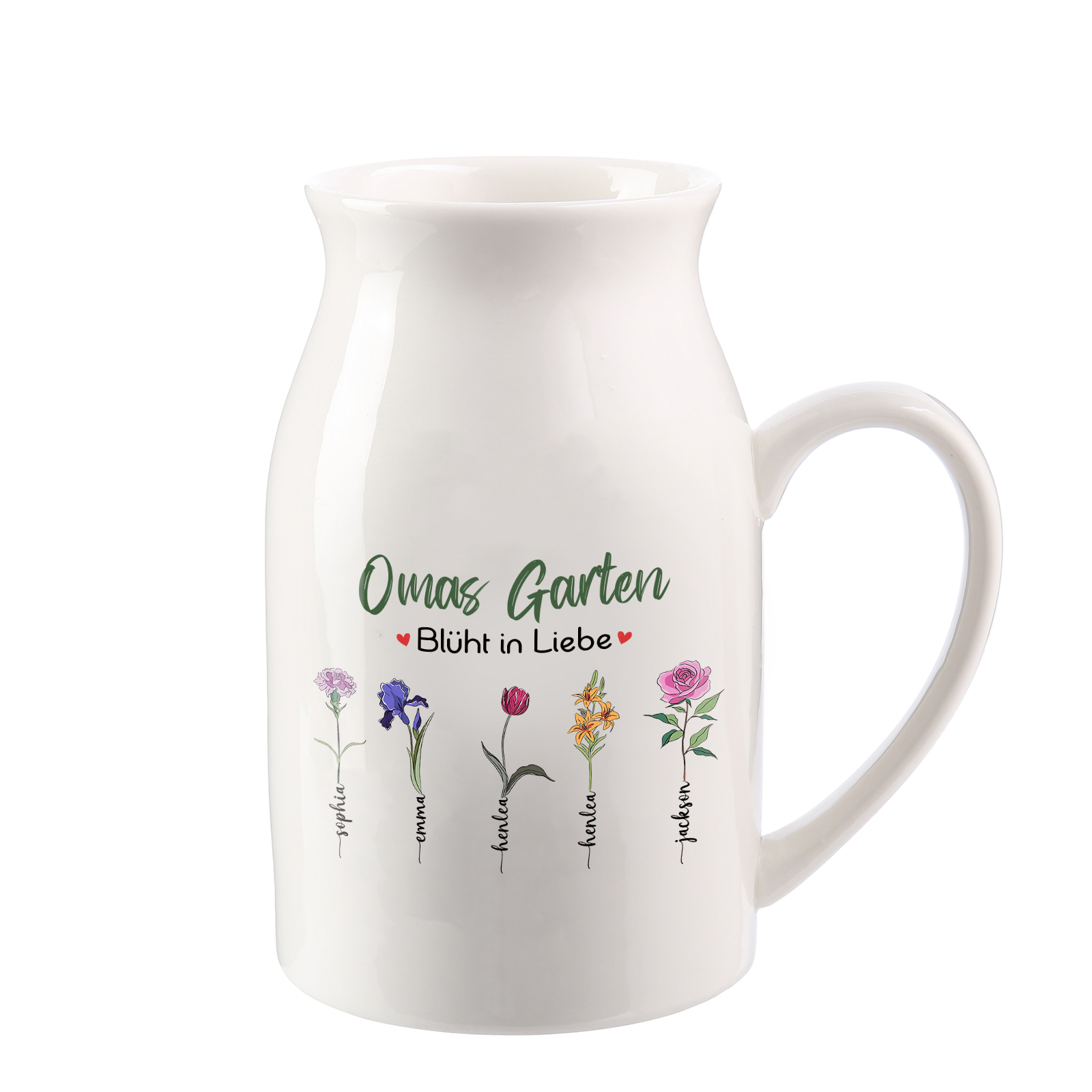 Personalisierte 5 Namen & Text & Geburtsblumen-Omas Garten blüht in Liebe- Gießvase mit Henkel Mama Vase-Pefektes Geschenk für Mama /Oma