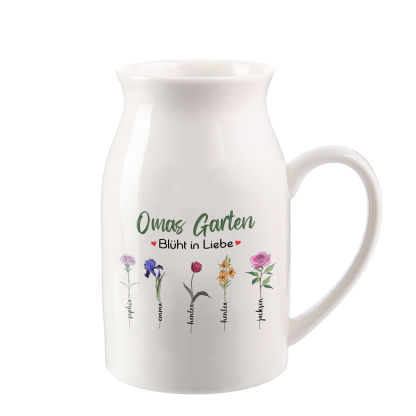 Personalisierte 5 Namen & Text & Geburtsblumen-Omas Garten blüht in Liebe- Gießvase mit Henkel Mama Vase-Pefektes Geschenk für Mama /Oma