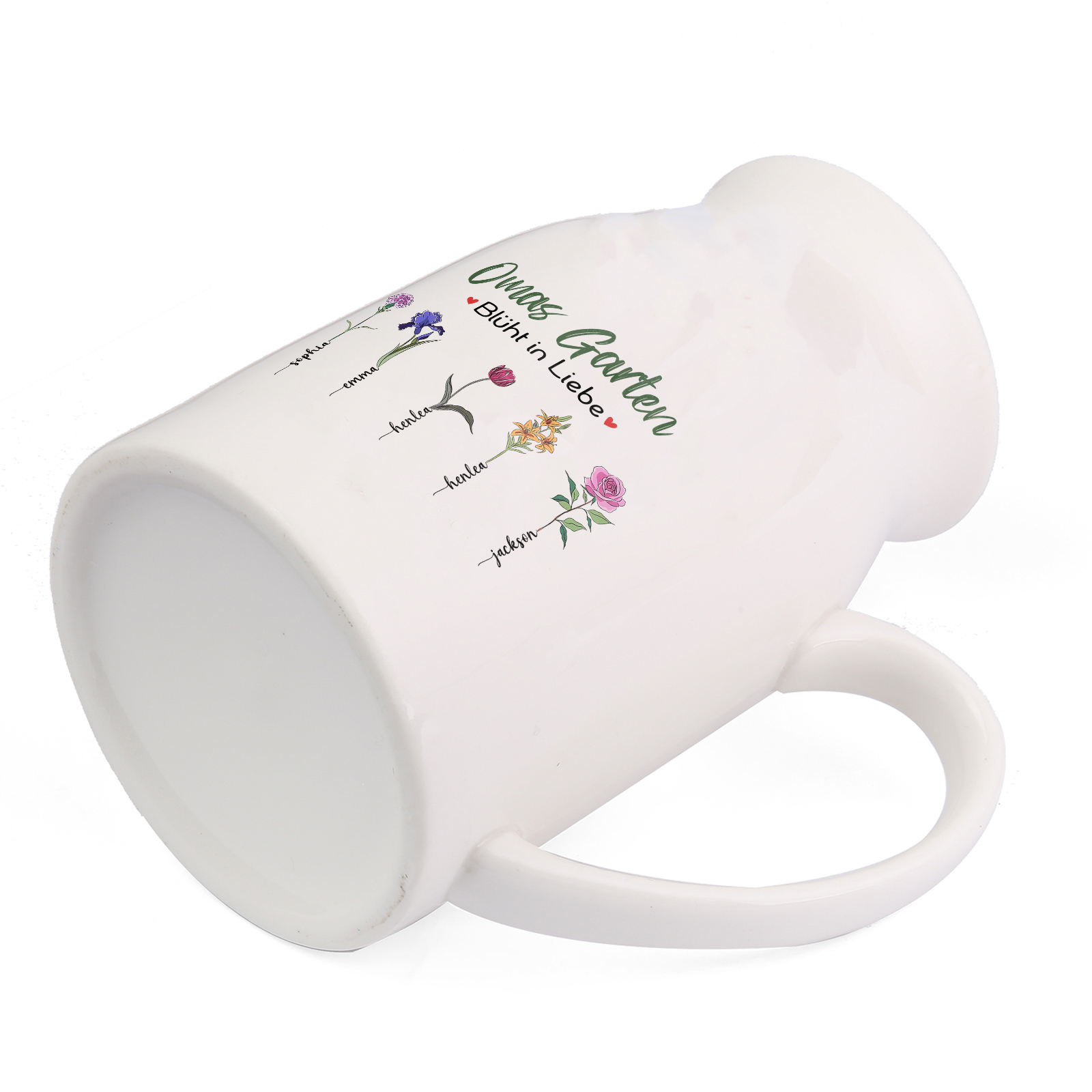 Personalisierte 5 Namen & Text & Geburtsblumen-Omas Garten blüht in Liebe- Gießvase mit Henkel Mama Vase-Pefektes Geschenk für Mama /Oma