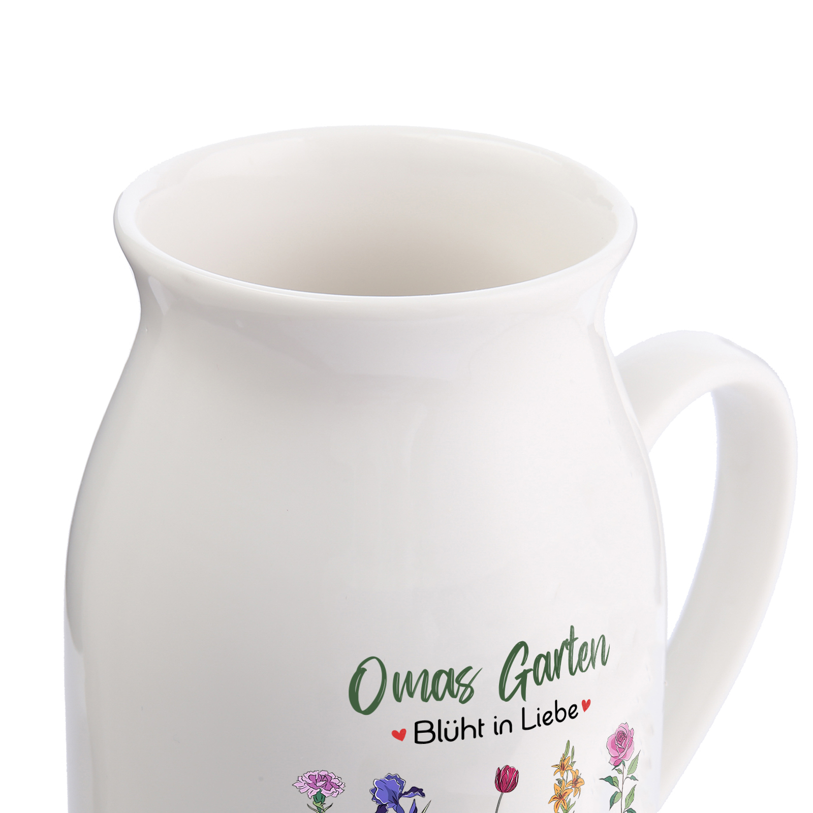 Personalisierte 5 Namen & Text & Geburtsblumen-Omas Garten blüht in Liebe- Gießvase mit Henkel Mama Vase-Pefektes Geschenk für Mama /Oma