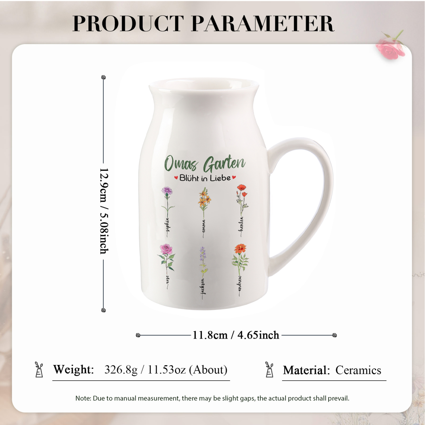 Personalisierte 6 Namen & Text & Geburtsblumen-Omas Garten blüht in Liebe- Gießvase mit Henkel Mama Vase-Pefektes Geschenk für Mama /Oma