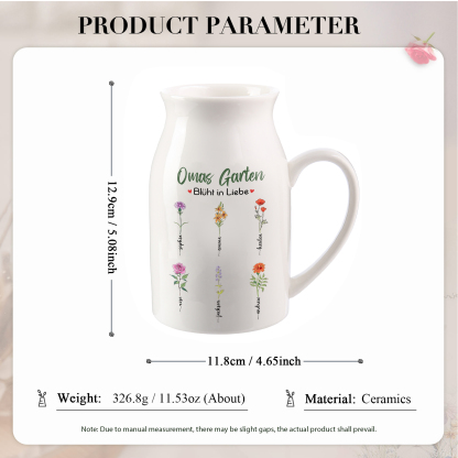 Personalisierte 6 Namen & Text & Geburtsblumen-Omas Garten blüht in Liebe- Gießvase mit Henkel Mama Vase-Pefektes Geschenk für Mama /Oma
