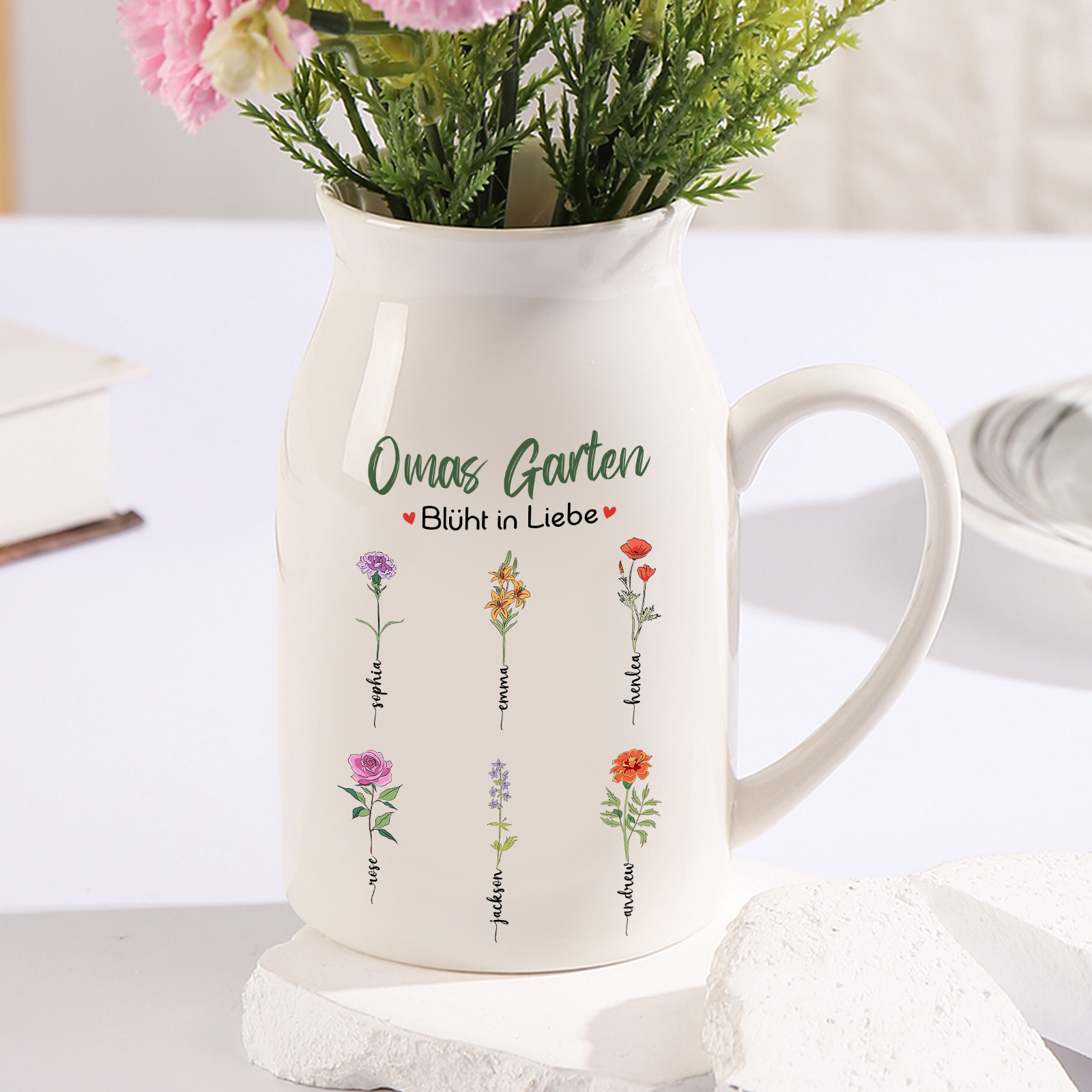 Personalisierte 6 Namen & Text & Geburtsblumen-Omas Garten blüht in Liebe- Gießvase mit Henkel Mama Vase-Pefektes Geschenk für Mama /Oma